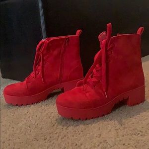 Red suede high heel boots